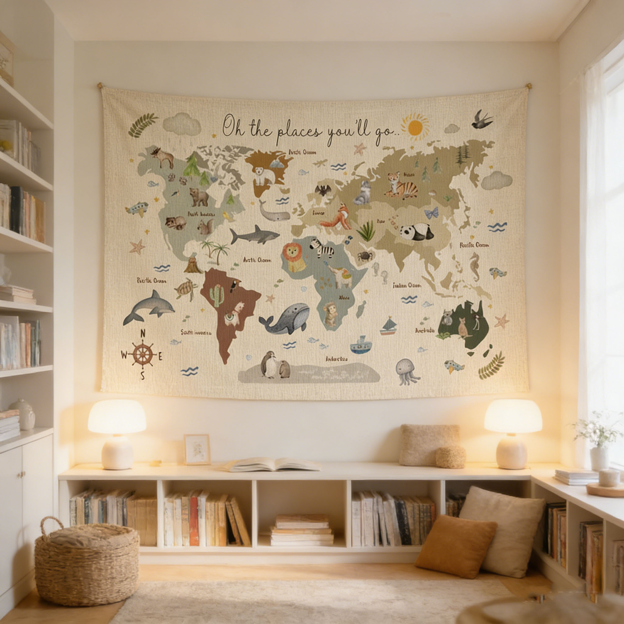 Cute Animal World Map Tapestry - Kids Education Banner avaliação e preço