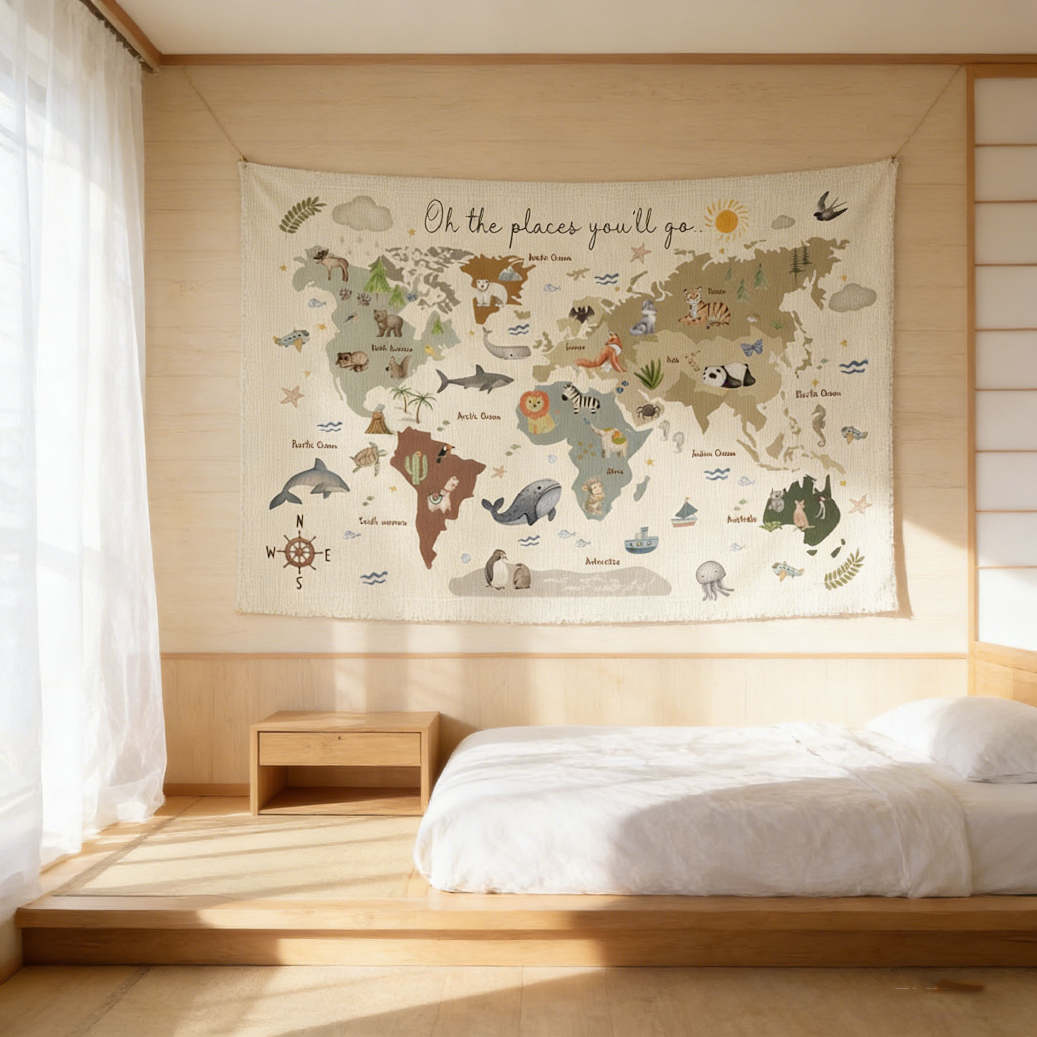 Cute Animal World Map Tapestry - Kids Education Banner avaliação e preço