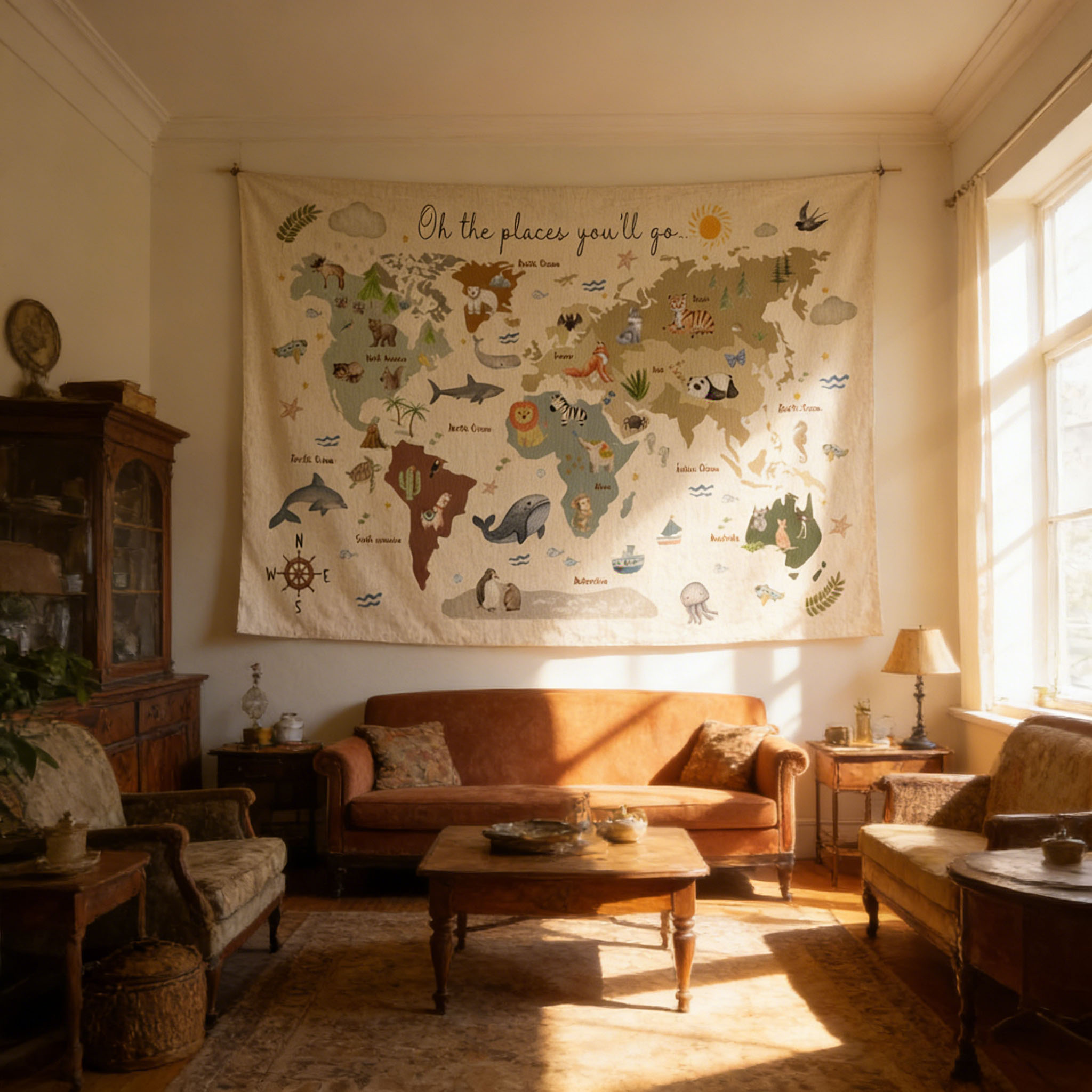 Cute Animal World Map Tapestry - Kids Education Banner avaliação e preço
