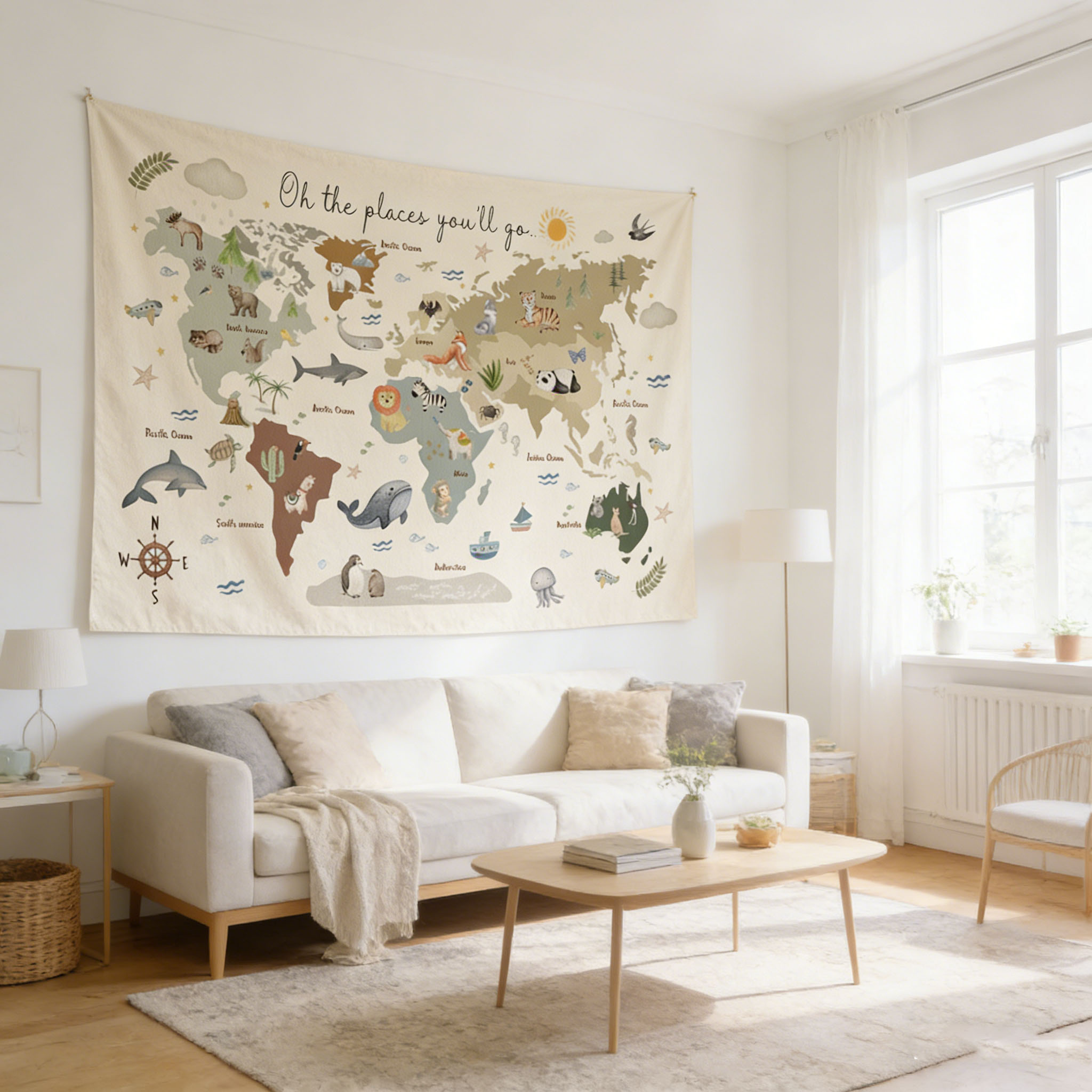 Cute Animal World Map Tapestry - Kids Education Banner avaliação e preço